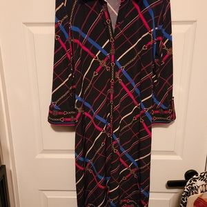 Multicolor stretchy button front shirtdress long sleeves size L
